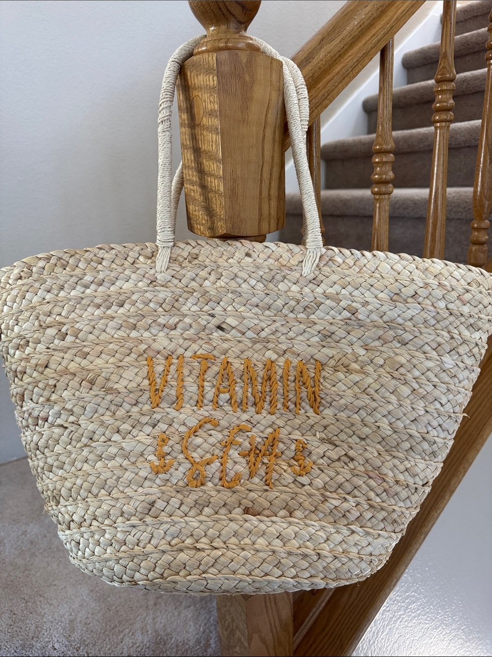 Woven Straw Tote with 'VITAMIN SEA' Embroidery